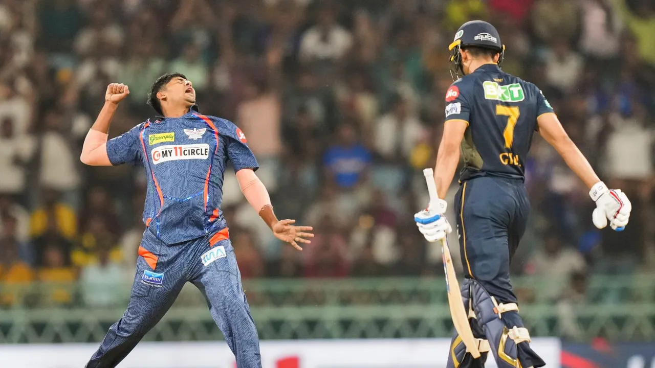 Lucknow Super Giants bowler Yash Thakur celebrates the wicket of Shubman Gill during the Indian Premier League (IPL) 2024 T20 cricket match between Lucknow Super Giants and Gujarat Titans