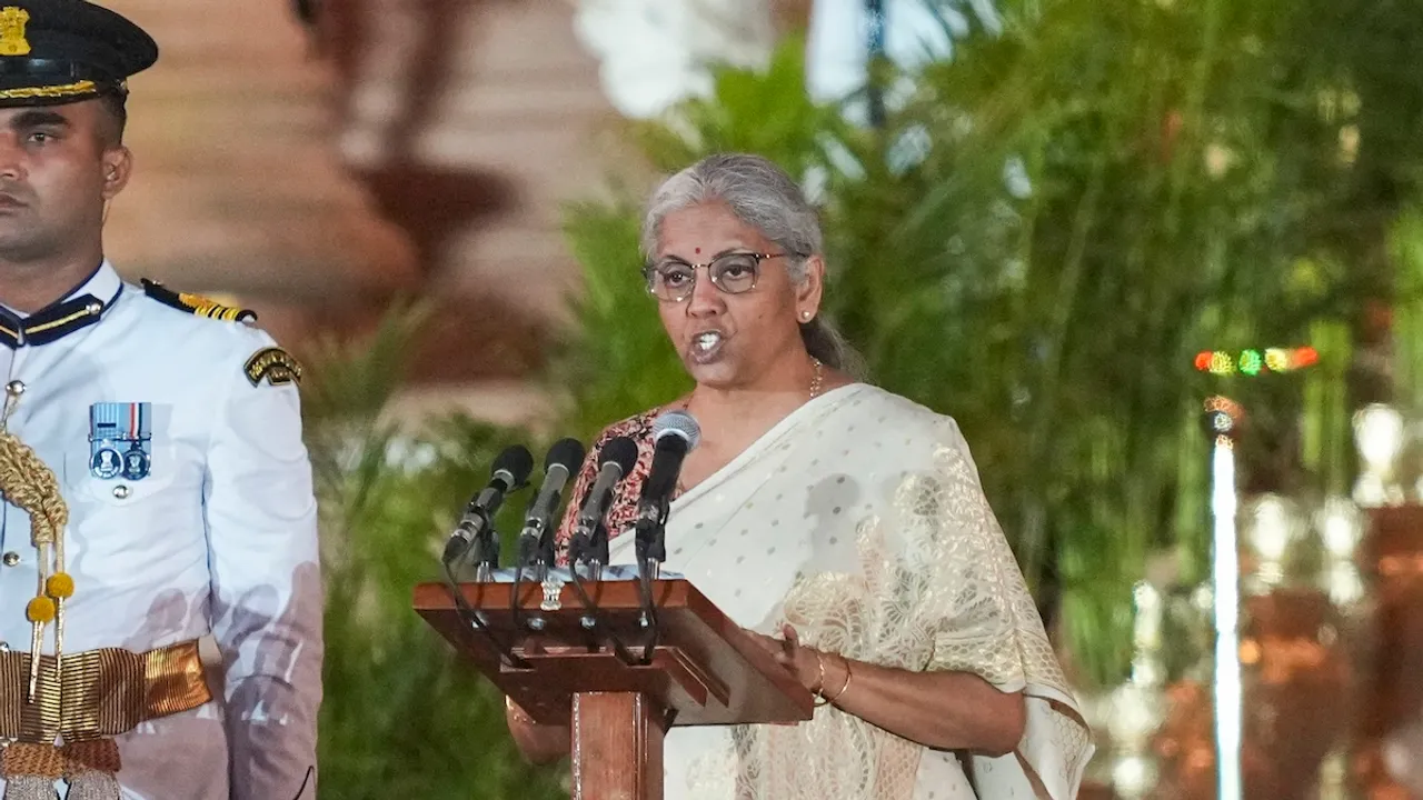 BJP MP Nirmala Sitharaman takes oath as minister during the swearing-in ceremony of new Union government, at Rashtrapati Bhavan in New Delhi, Sunday, June 9, 2024.