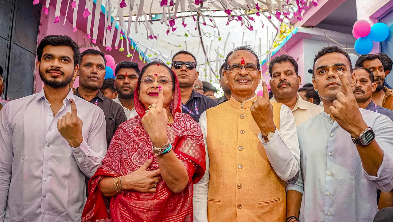 Formers Madhya Pradesh chief minister Shivraj Singh Chouhan with family after casting vote in Sehore