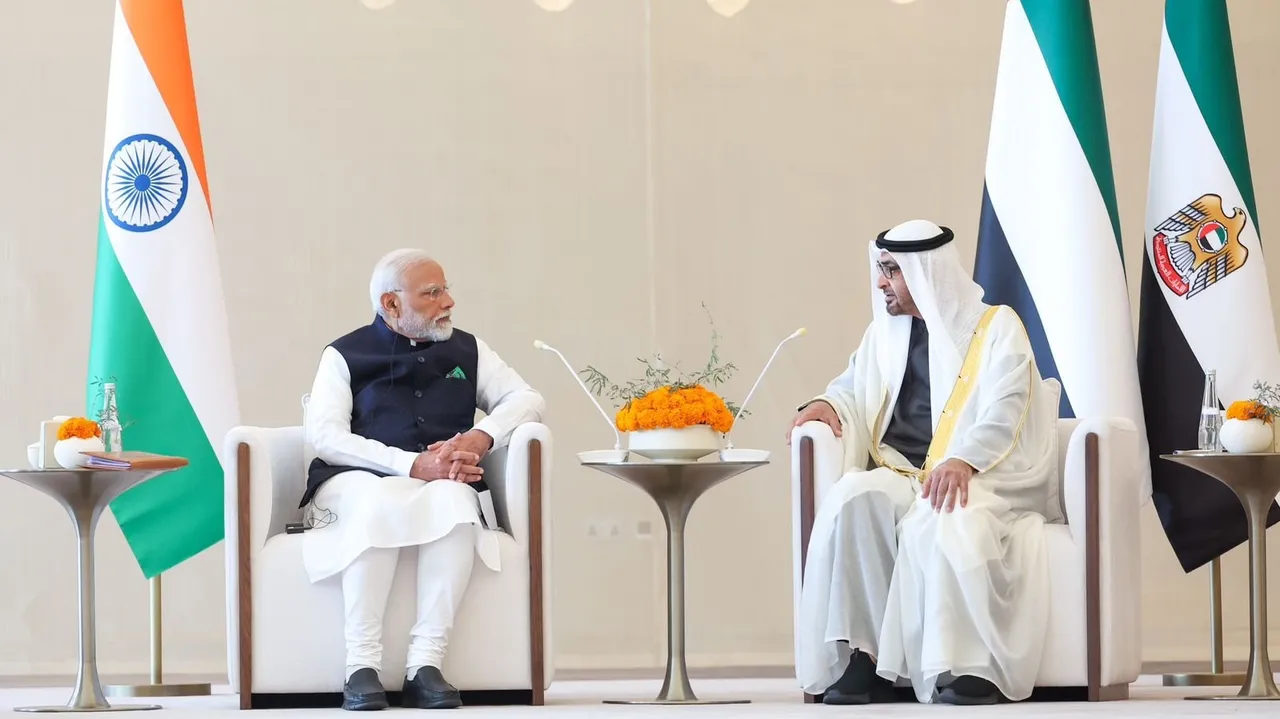Prime Minister Narendra Modi with UAE President Mohamed bin Zayed Al Nahyan during a meeting, in Abu Dhabi, UAE