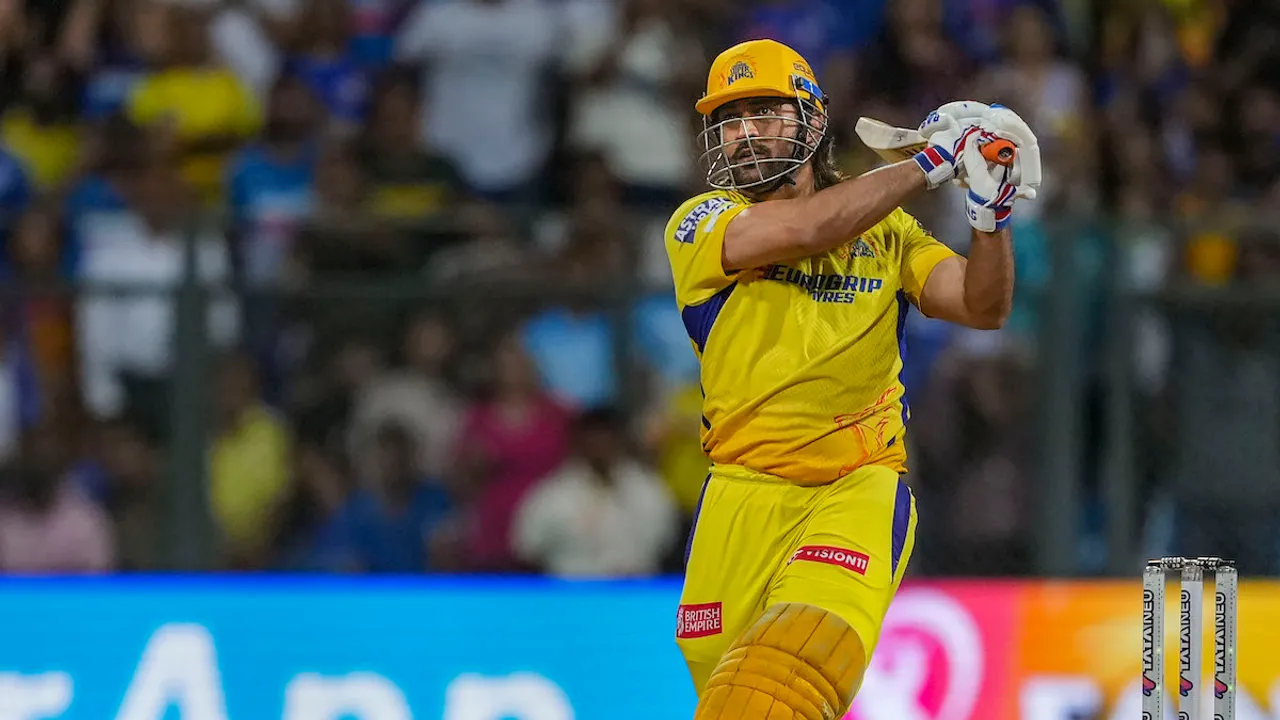 M.S. Dhoni plays a shot during the Indian Premier League (IPL) cricket match between Chennai Super Kings and Mumbai Indians, at Wankhede Stadium in Mumbai, Sunday, April 14, 2024.