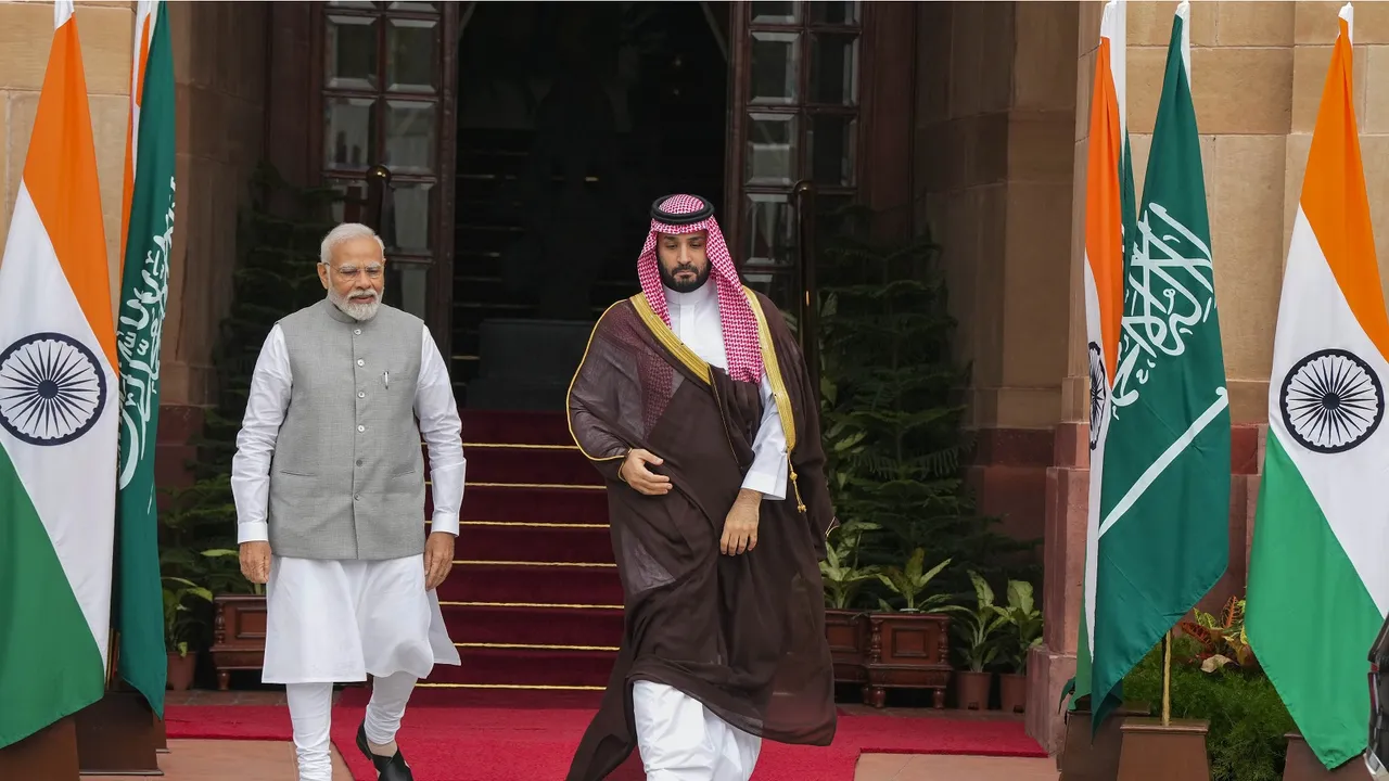Prime Minister Narendra Modi with Saudi Arabia's Crown Prince and Prime Minister Mohammed bin Salman bin Abdulaziz Al Saud before their meeting at the Hyderabad House, in New Delhi