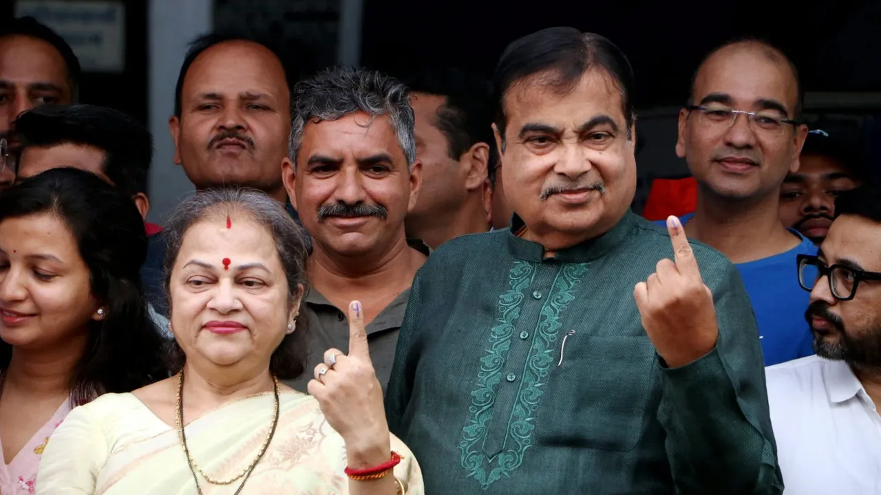 BJP candidate from Nagpur Nitin Gadkari with his wife shows his finger marked with indelible ink after casting his vote for the first phase of Lok Sabha elections, in Nagpur, Friday, April 19, 2024