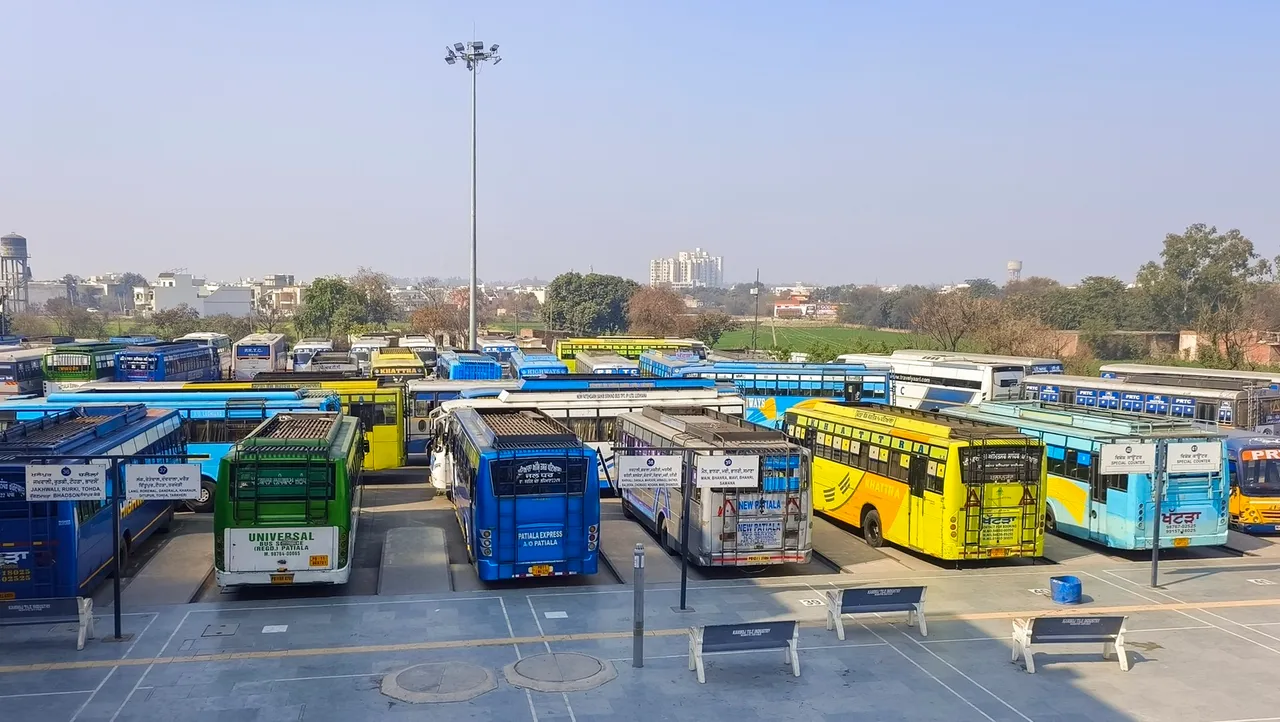 Buses parked at the deserted bus terminal during Samyukta Kisan Morcha’s (SKM) ‘Bharat Bandh’ in support of the protesting farmers, in Patiala