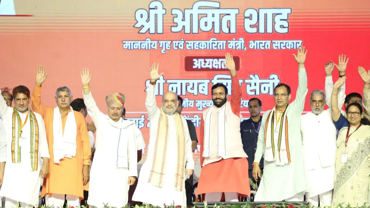 Union Home Minister and BJP leader Amit Shah with Harayana Chief Minister Nayab Saini and others during the 'Backward Class Samman Sammelan' in Mahedragarh, Haryana, Tuesday, July 16, 2024.