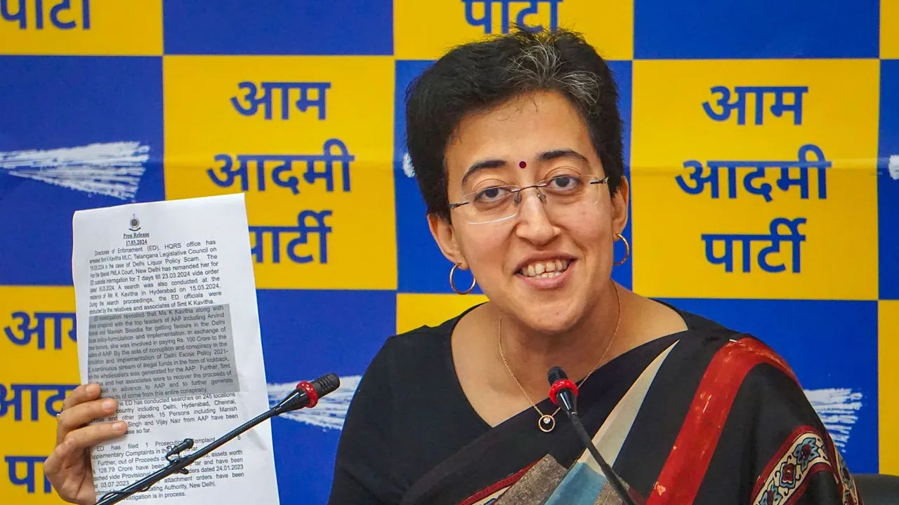 Delhi Education Minister and AAP leader Atishi Singh addresses a press conference, in New Delhi