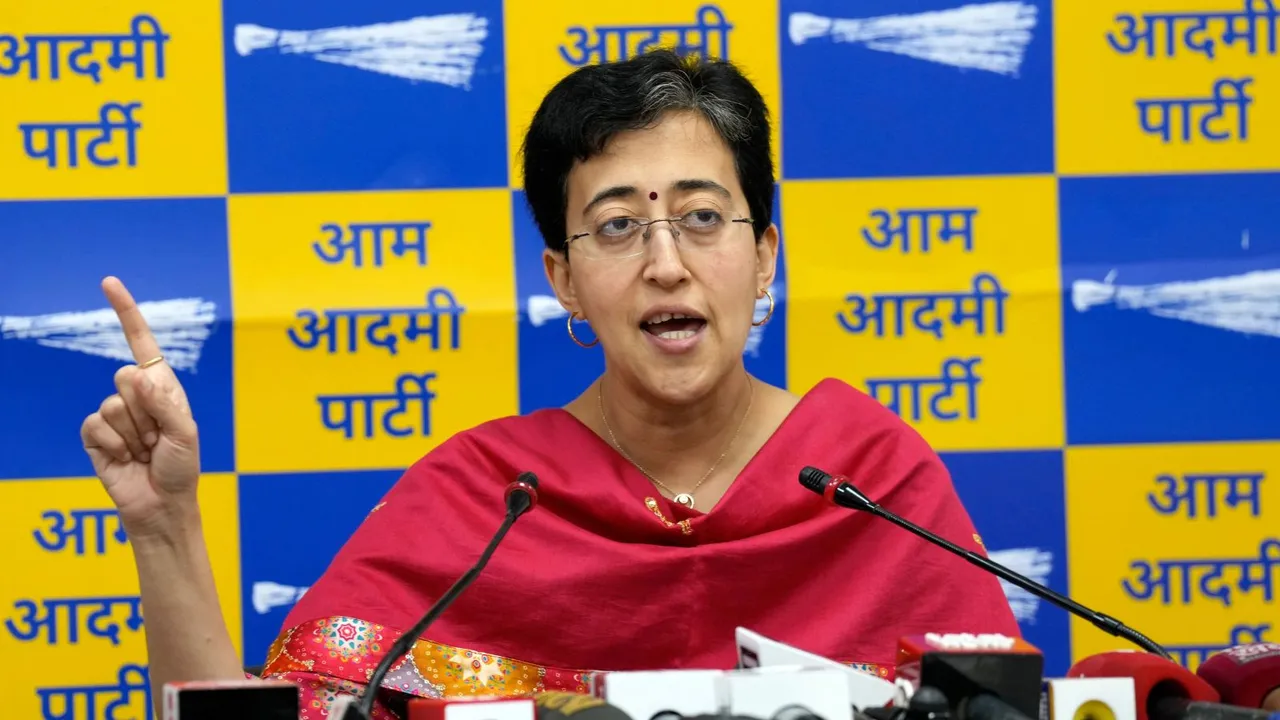 Delhi Education Minister and AAP leader Atishi Singh addresses a press conference, in New Delhi