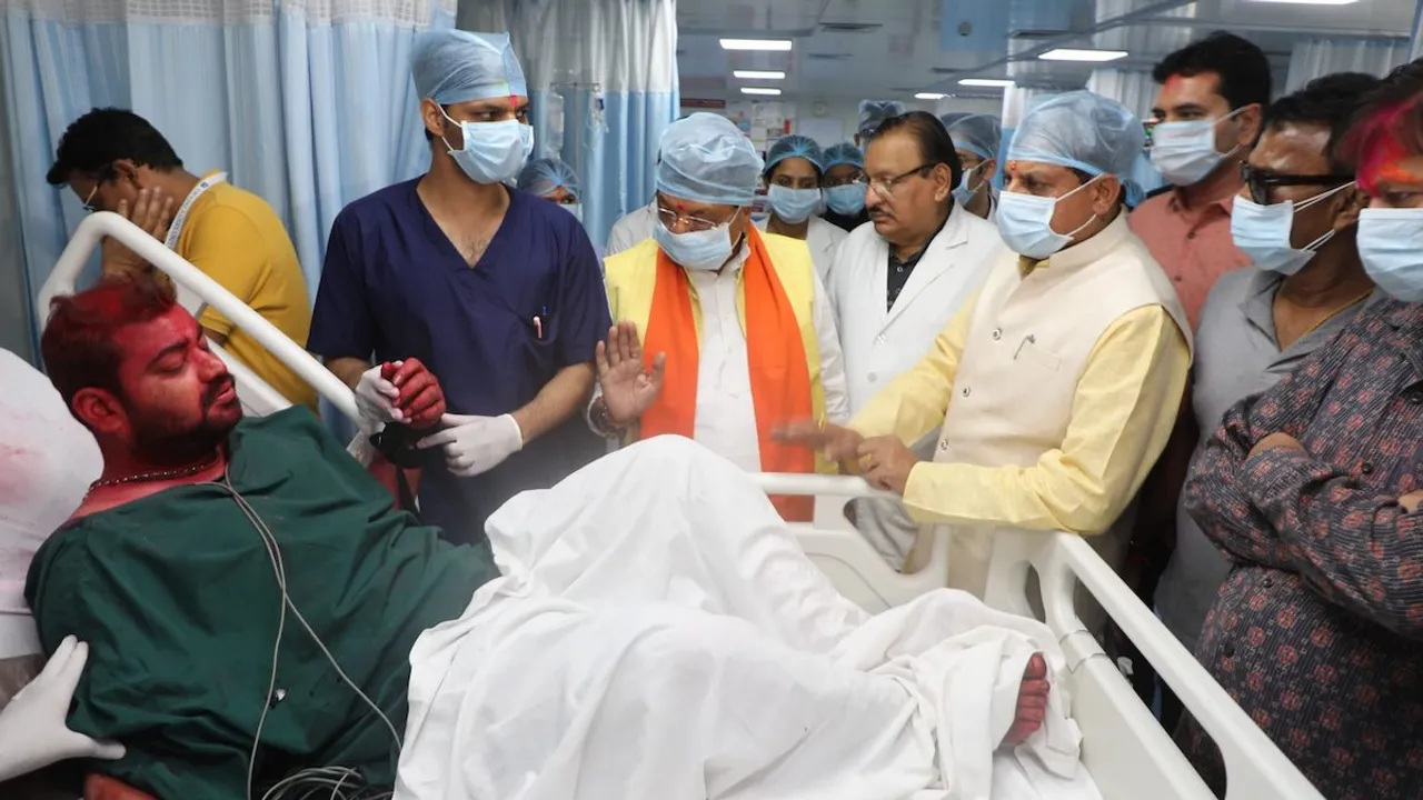 Madhya Pradesh Chief Minister Mohan Yadav visits people injured in a fire that broke out during 'bhasma aarti' in the Mahakal Temple, at Aurobindo Hospital in Indore, Monday, March 25, 2024.