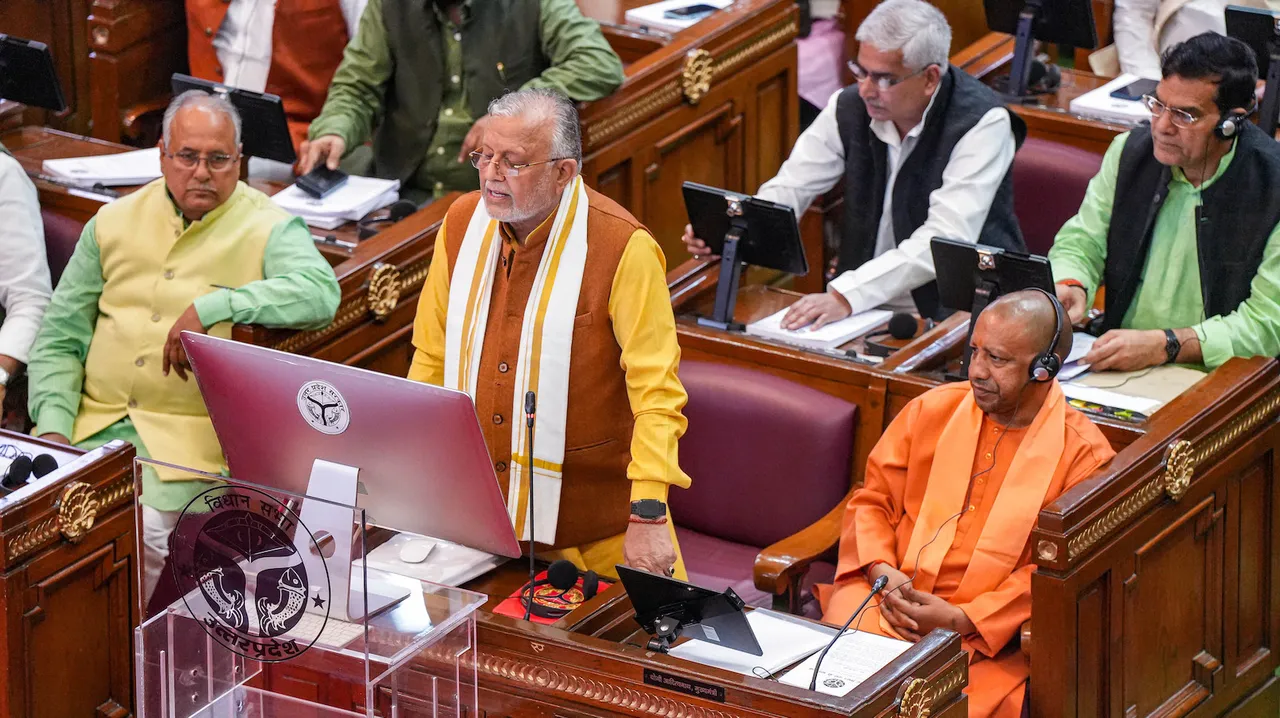 Uttar Pradesh Finance Minister Suresh Kumar Khanna presents the State Budget 2023-24 in the Assembly on Wednesday