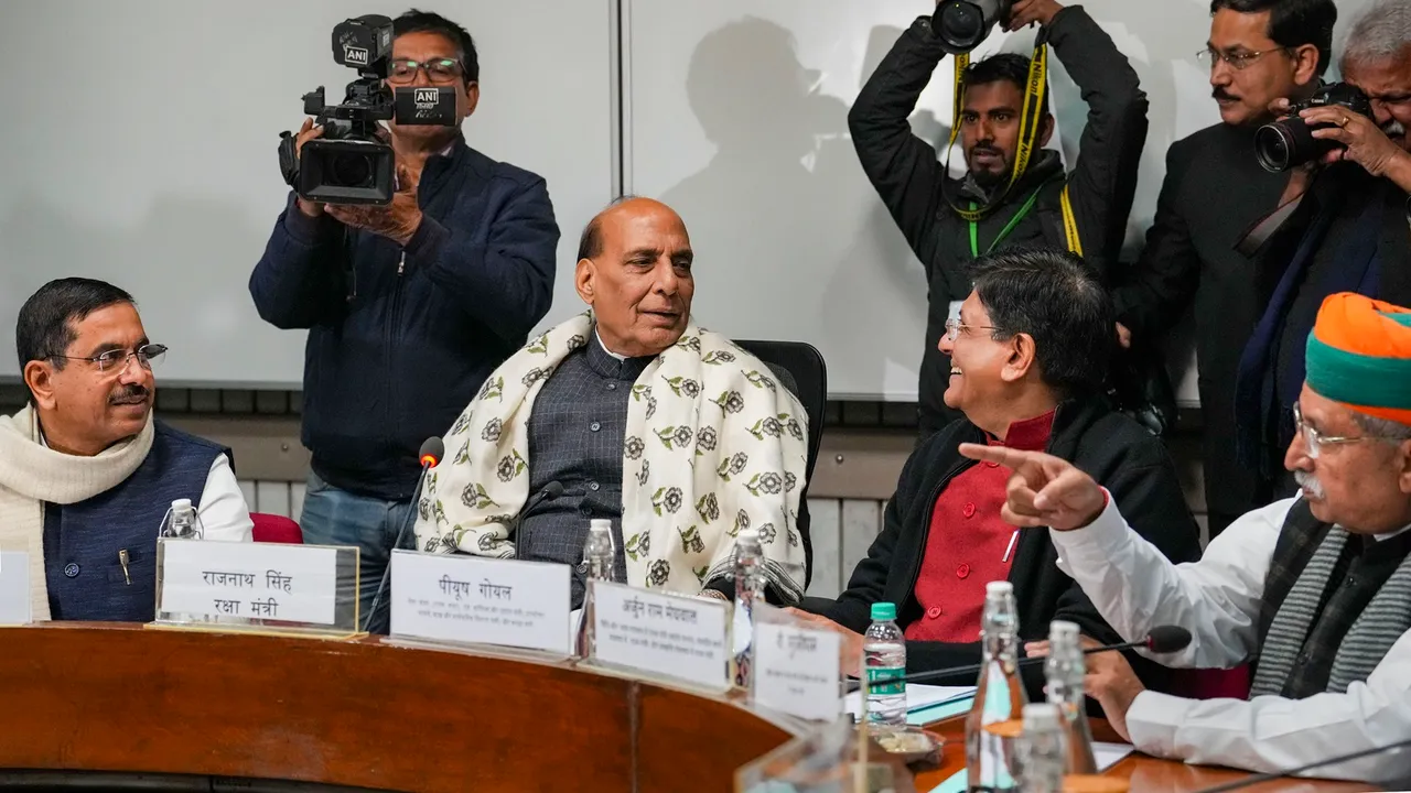 Union Defence Minister Rajnath Singh with Union Ministers Piyush Goyal and Pralhad Joshi, Union Minister of State Arjun Ram Meghwal and others during an all-party meeting ahead of the Budget session of Parliament