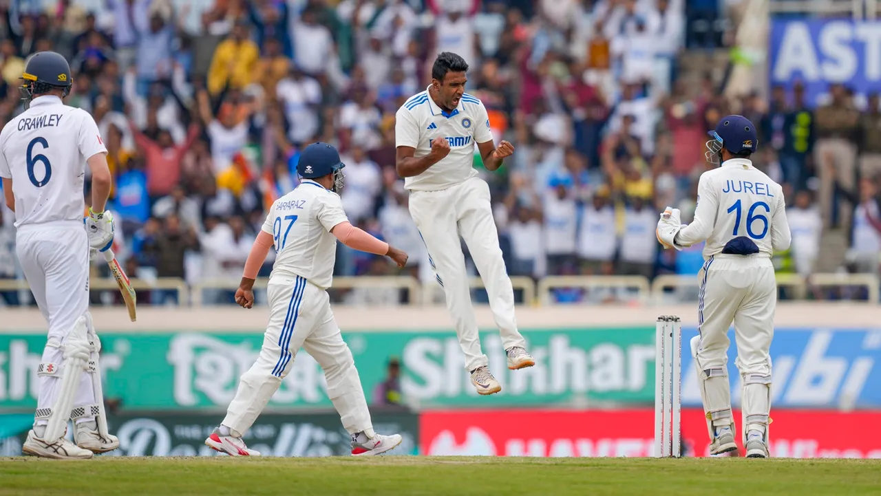 India's Ravichandran Ashwin with teammates celebrates the wicket of England's Ollie Pope during the third day of the fourth Test cricket match