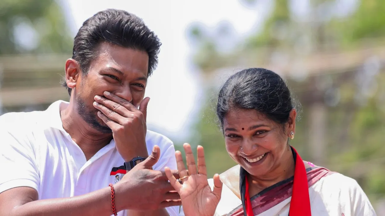 Tamil Nadu minister and DMK leader Udhayanidhi Stalin with party's candidate from Thoothukudi constituency Kanimozhi Karunanidhi during an election campaign in support of her ahead of the Lok Sabha polls, in Thoothukudi district, Saturday, April 13, 2024