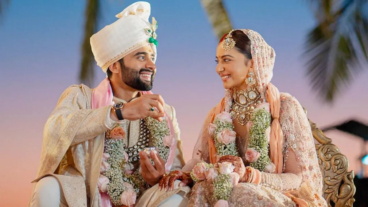Actors Jackky Bhagnani and Rakul Preet Singh during their wedding ceremony, in Goa, Wednesday, Feb. 21, 2024.