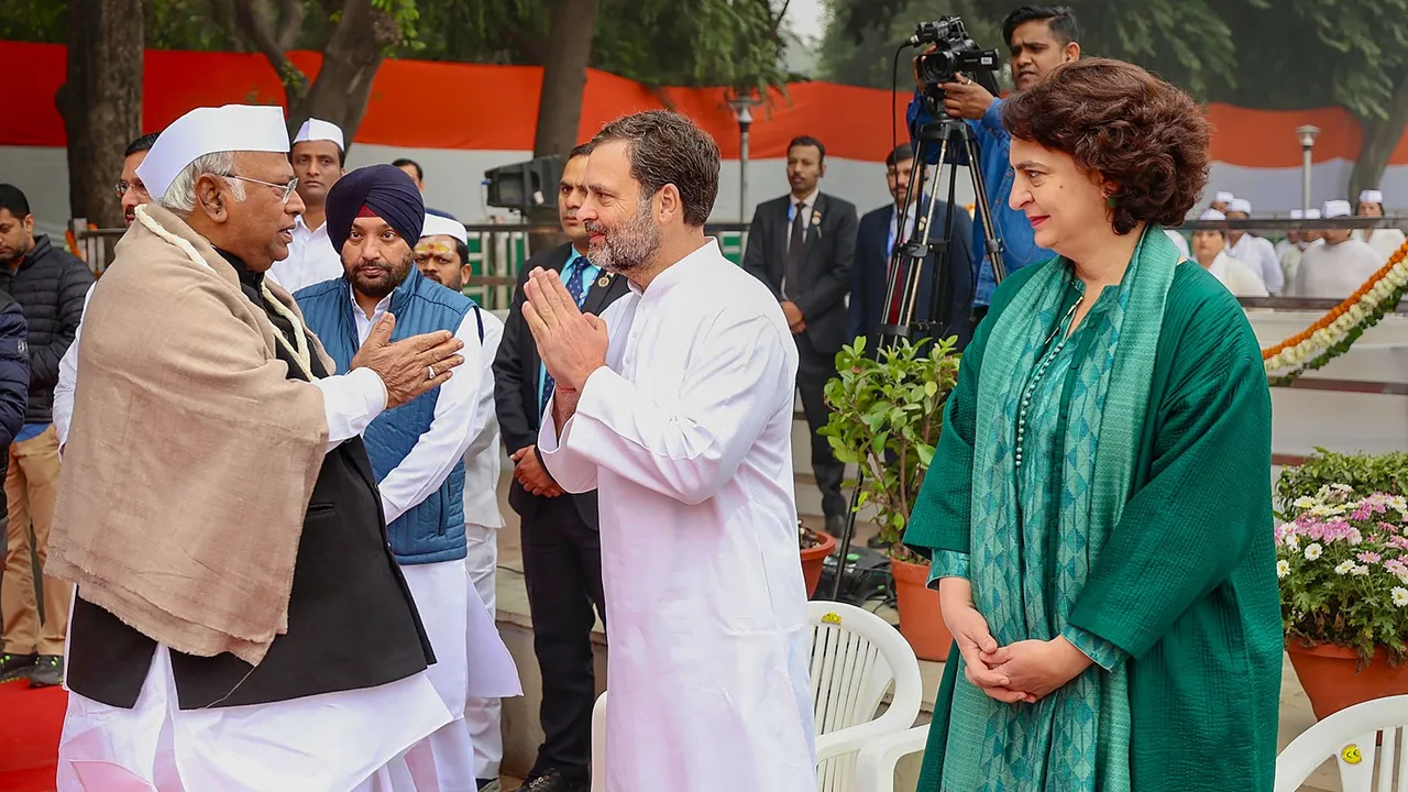 Congress President Mallikarjun Kharge with party leaders Rahul Gandhi and Priyanka Gandhi Vadra during the party's Foundation Day function at AICC headquarters in New Delhi