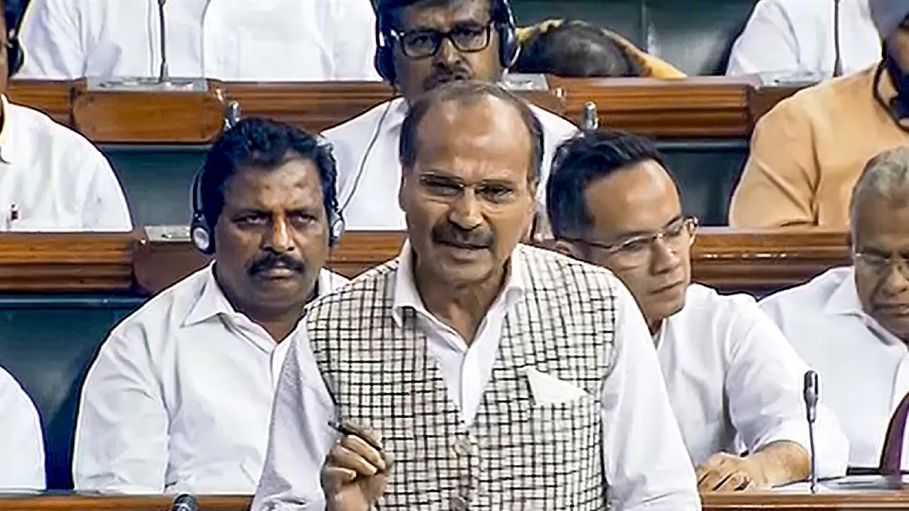 Congress MP Adhir Ranjan Chowdhury speaks in the Lok Sabha during a special session of Parliament, in New Delhi