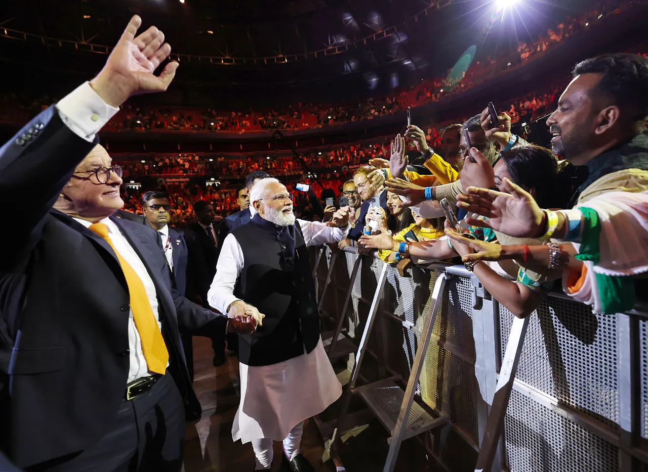 Prime Minister Narendra Modi and Australian Prime Minster Anthony Albanese being welcomed at the Indian community event, in Sydney, Australia