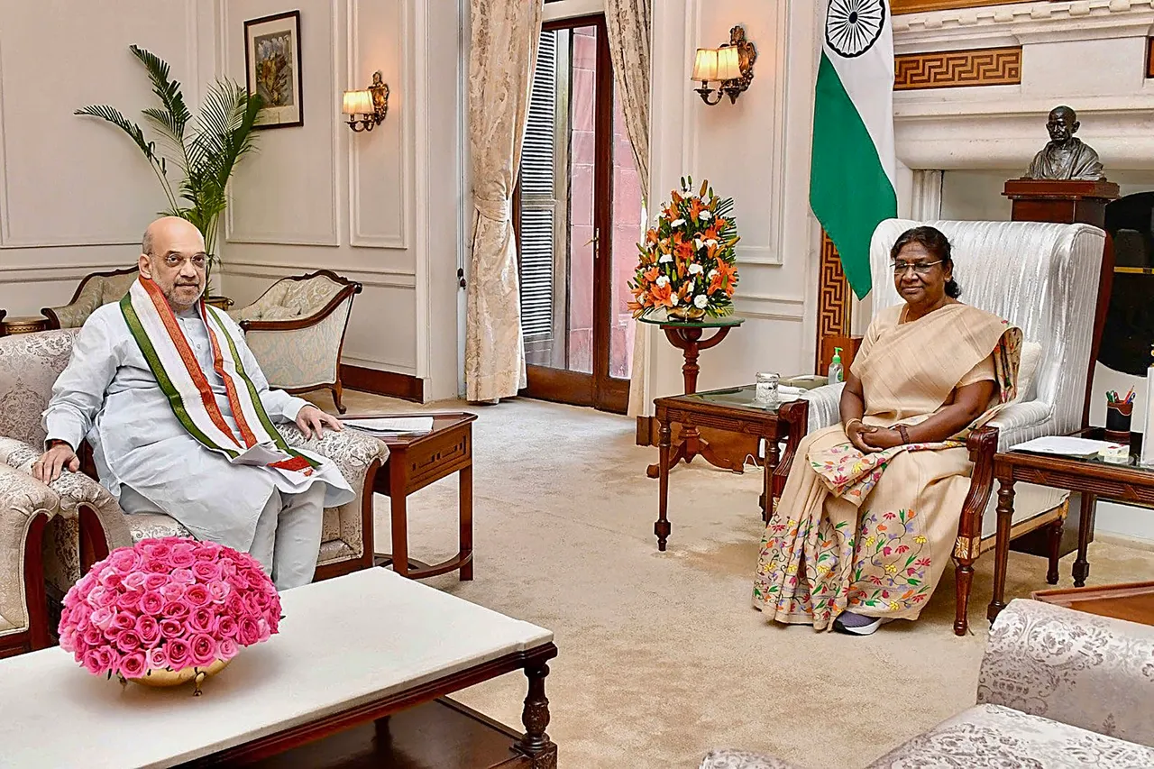 President Droupadi Murmu in a meeting with Union Home Minister Amit Shah at Rashtrapati Bhavan, in New Delhi