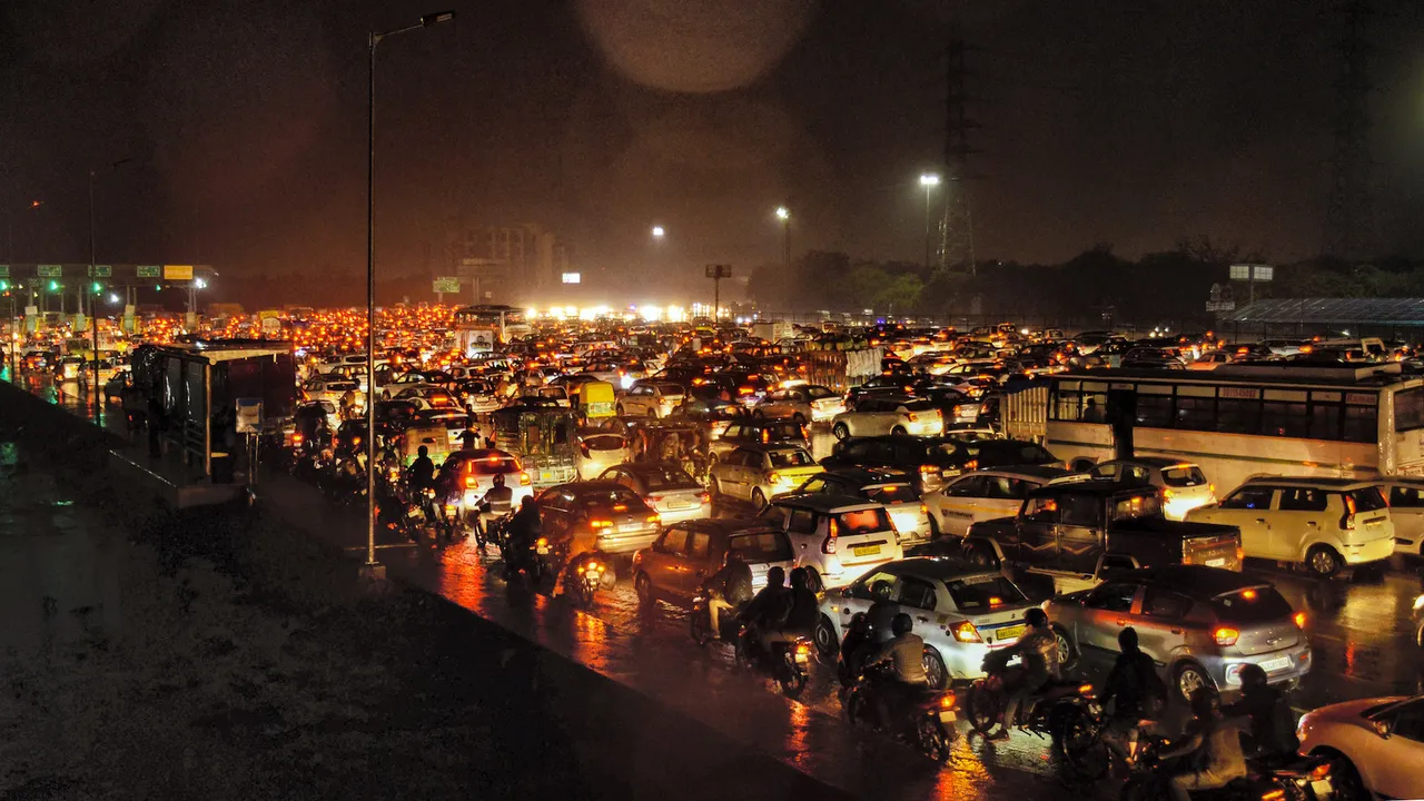 Vehicles stuck in a heavy traffic jam on Delhi-Gurugram expressway