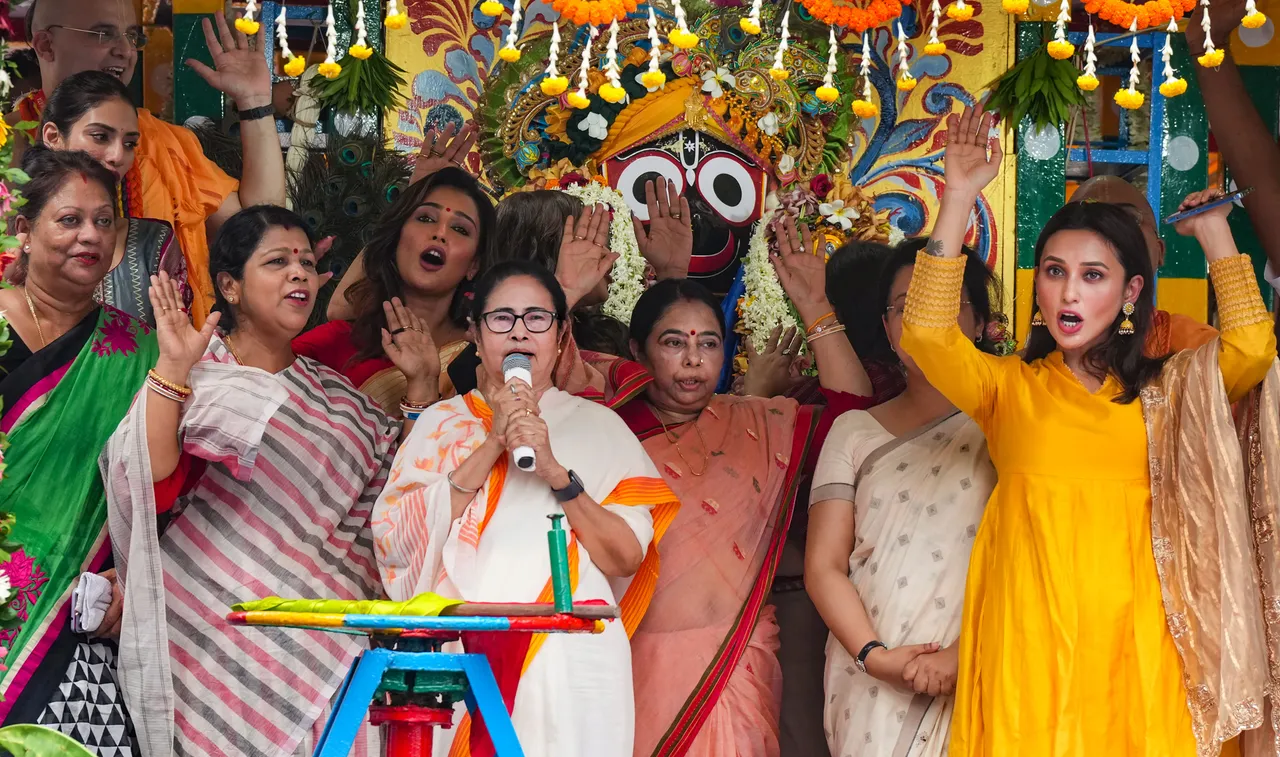 West Bengal Chief Minister Mamata Banerjee speaks after offering prayer to lord Jagannath during ISKCON Rathayatra in Kolkata