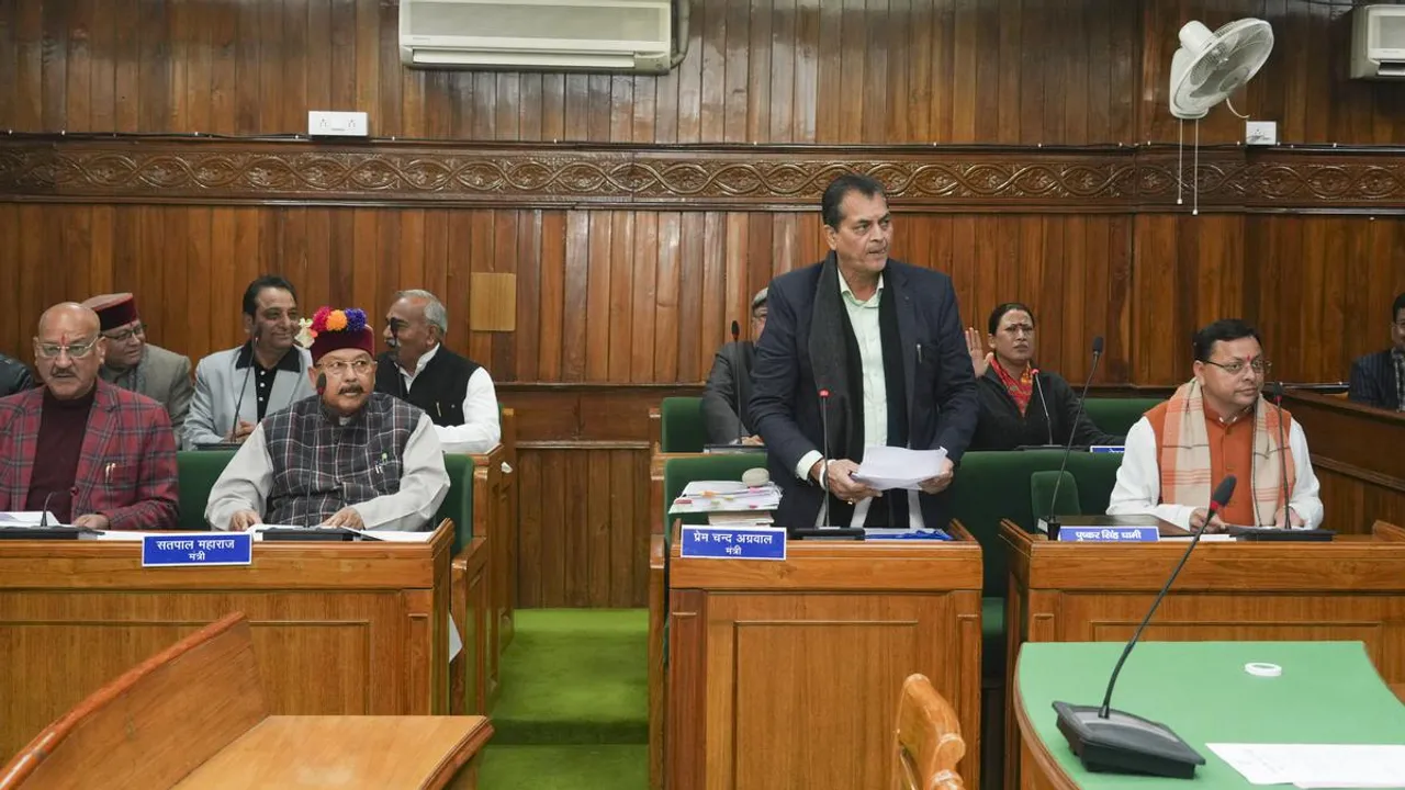 Uttarakhand Chief Minister Pushkar Singh Dhami with the Cabinet Ministers Prem Chand Aggarwal and Satpal Maharaj during the Assembly session in Dehradun on February 6, 2024