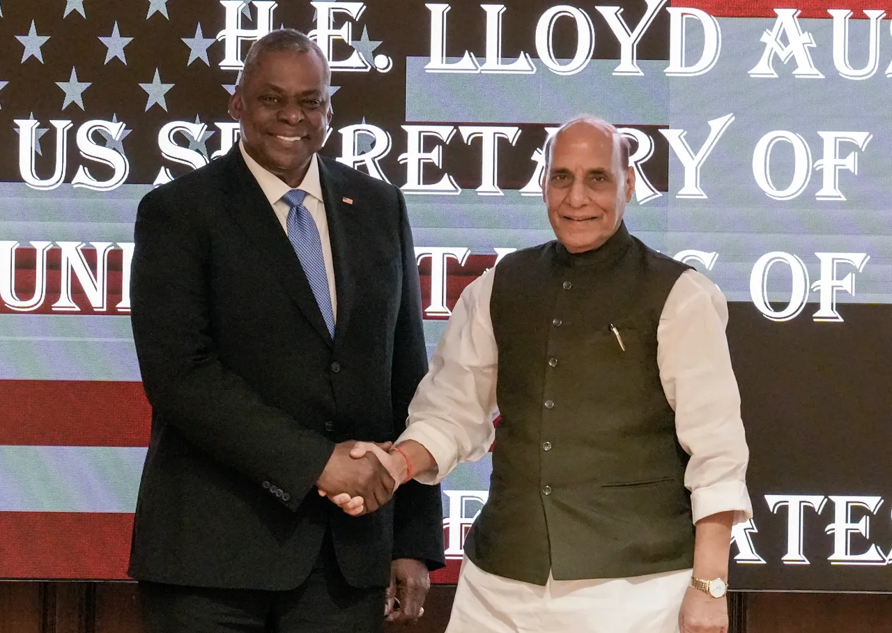 Defence Minister Rajnath Singh with United States Defence Secretary Lloyd Austin before a bilateral meeting, in New Delhi