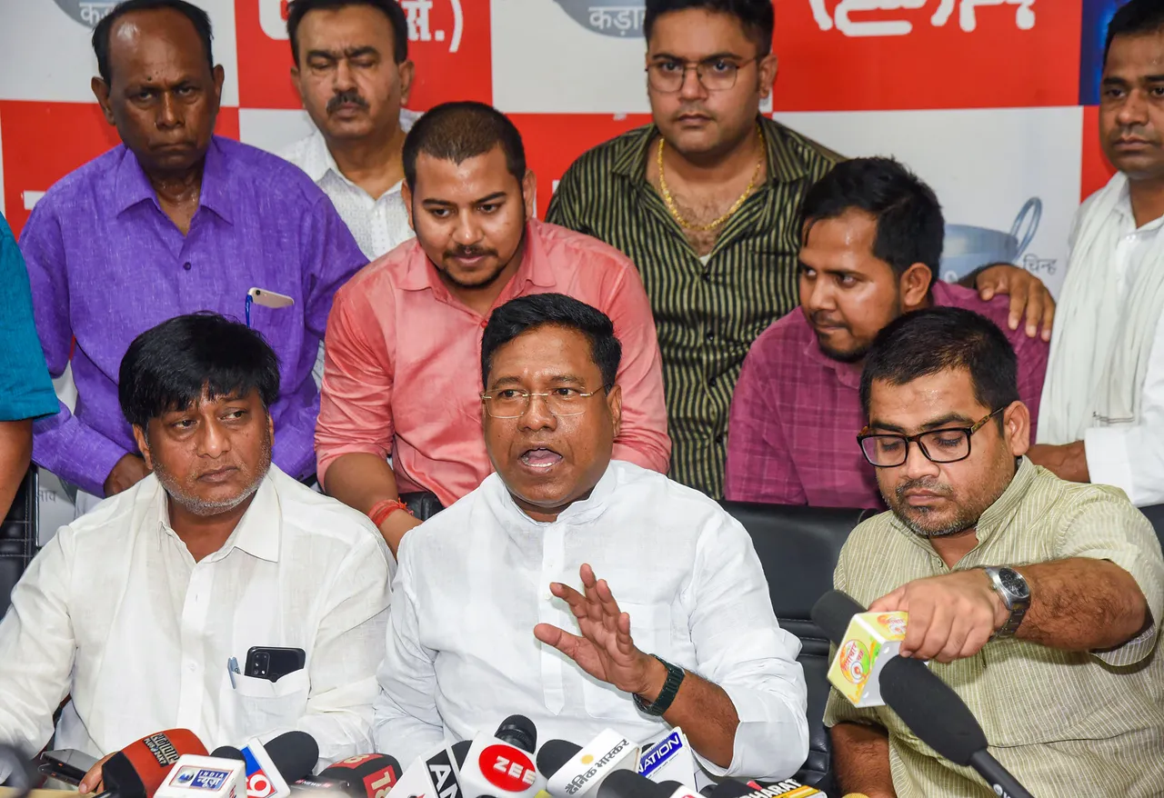 Santosh Kumar Suman, son of former Bihar CM and HAM (Secular) chief Jitan Ram Manjhi, addresses a press conference after resigning from the grand alliance government in Bihar, in Patna