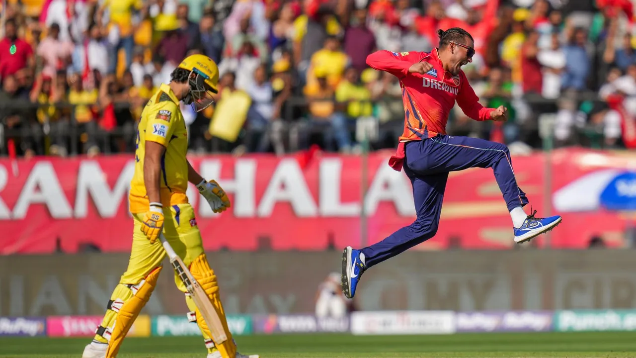 Punjab Kings bowler Rahul Chahar celebrates the wicket of Chennai Super Kings batter Shivam Dube during the Indian Premier League (IPL) 2024 cricket match at HPCA Stadium, in Dharamshala, Sunday, May 5, 2024