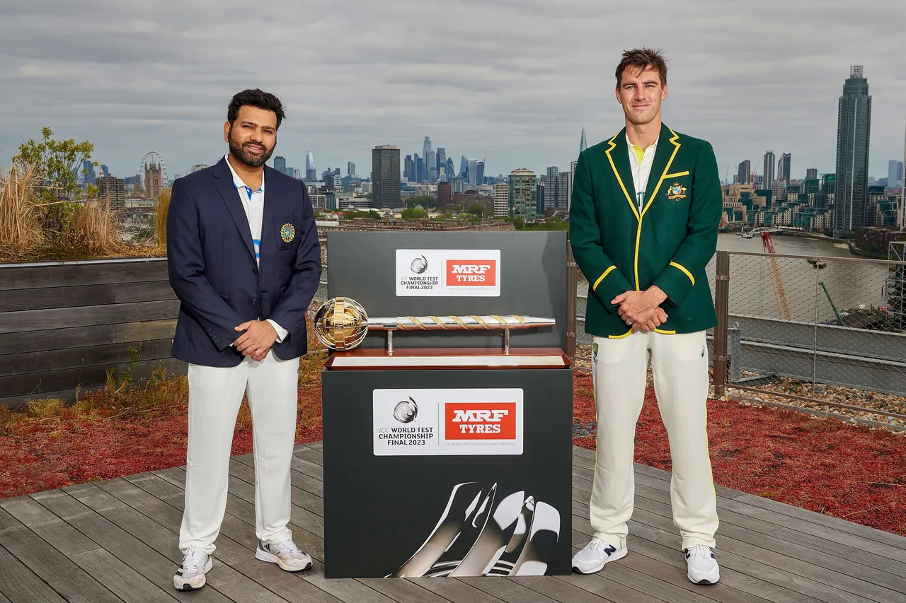 Indian captain Rohit Sharma and Australian skipper Pat Cummins during the Captains’ Photo event ahead of World Test Cricket Championship 2023, in London