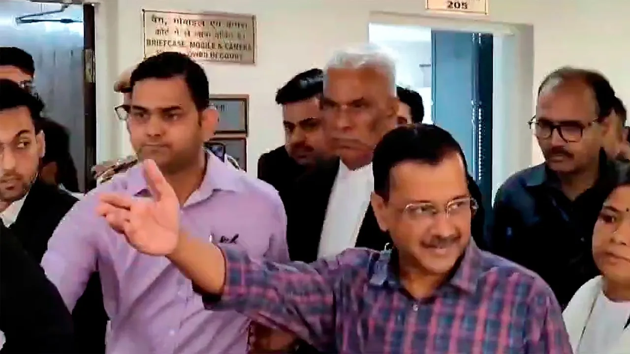 Delhi Chief Minister Arvind Kejriwal comes out of the Rouse Avenue Court after appearing in the Enforcement Directorate summons case, in New Delhi