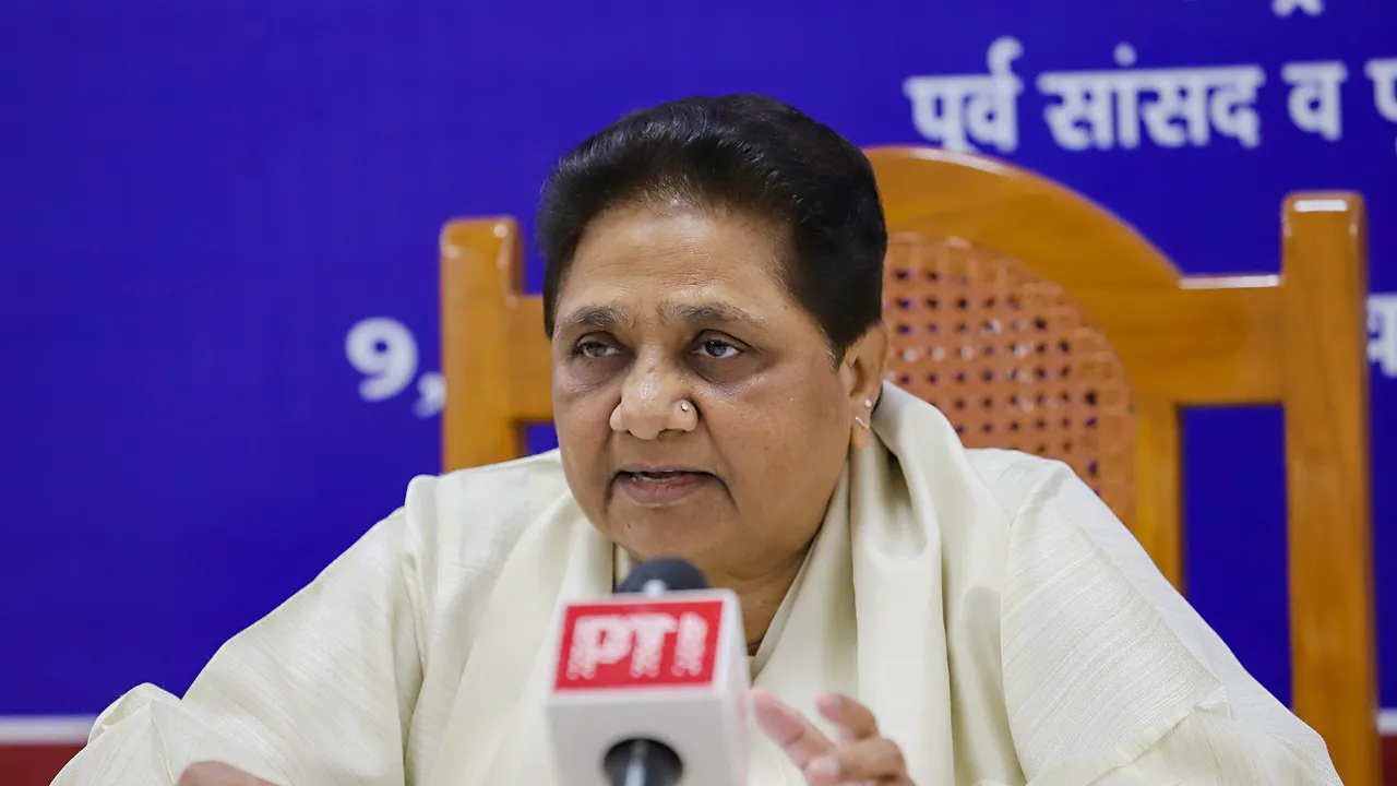 BSP chief Mayawati addresses a press conference at her residence, in Lucknow