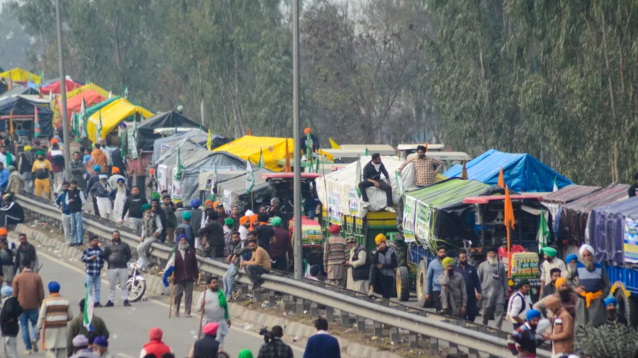 Farmers gather at the Punjab-Haryana Shambhu border during their 'Delhi Chalo' march, in Patiala district