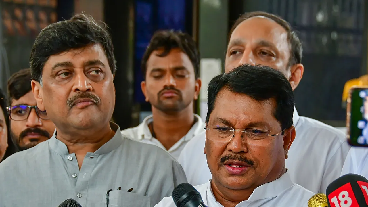 Congress leaders Ashok Chavan and Vijay Wadettiwar address the media outside Vidhan Bhavan after submitting a letter proposing the latter's name for the post of Leader of Opposition in Maharashtra Legislative Assembly, in Mumbai