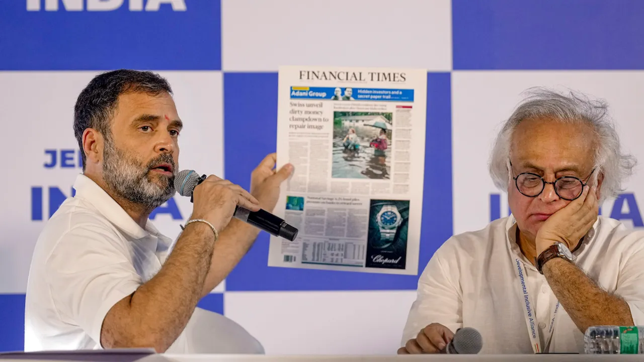Rahul Gandhi with party leader Jairam Ramesh addresses a press conference in Mumbai, Thursday, Aug. 31, 2023