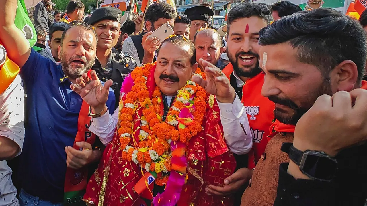 Union Minister and BJP candidate Jitendra Singh during an election campaign for Lok Sabha elections, in Chenani, Jammu and Kashmir, Tuesday, April 16, 2024