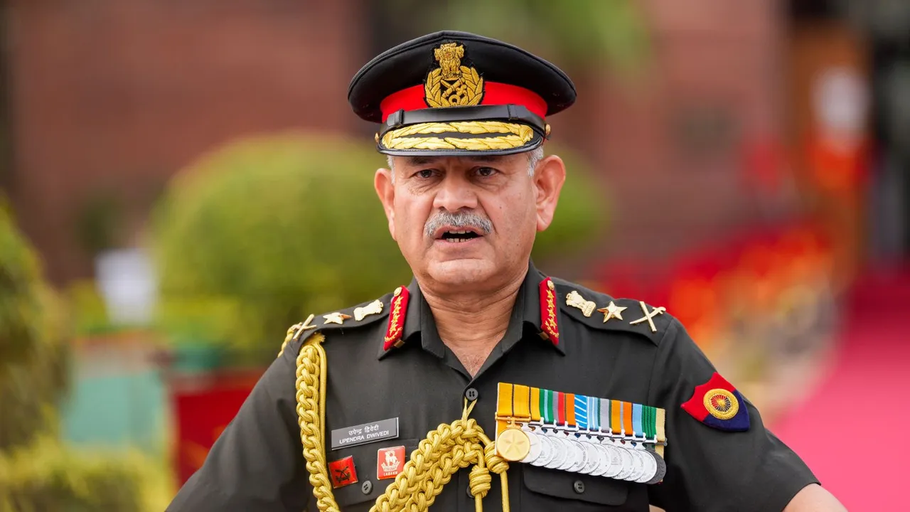General Upendra Dwivedi speaks with the media, in New Delhi, Monday, July 1, 2024.
