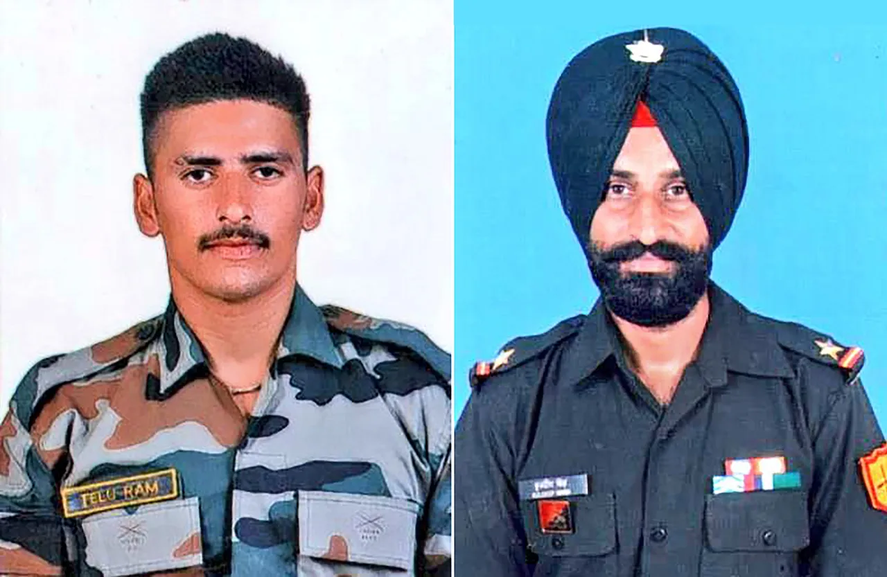 Undated photo of Lance Naik Telu Ram and Nb Sub Kuldeep Singh who lost their lives during patrolling due to flash floods after heavy monsoon rains, in Poonch