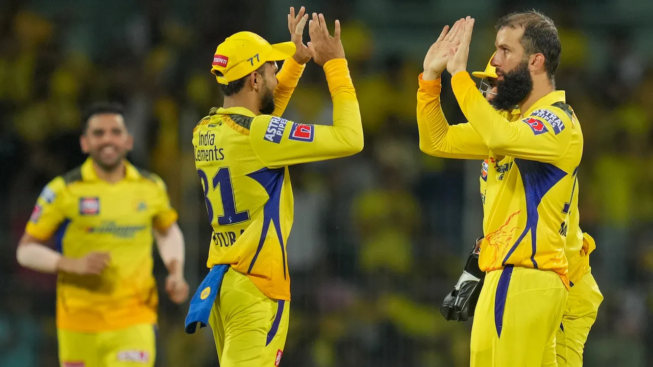 Chennai Super Kings bowler Moeen Ali celebrates after a wicket of Lucknow Super Giants during the IPL 2023 cricket match between Chennai Super Kings and Lucknow Super Giants on April 3