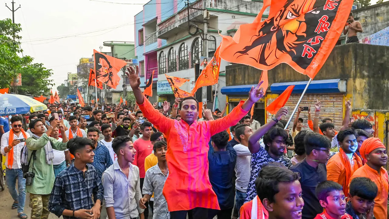 Devotees during a procession on the occasion of the 'Ram Navami' festival at Ranaghat, in Nadia district, Wednesday, April 17, 2024.