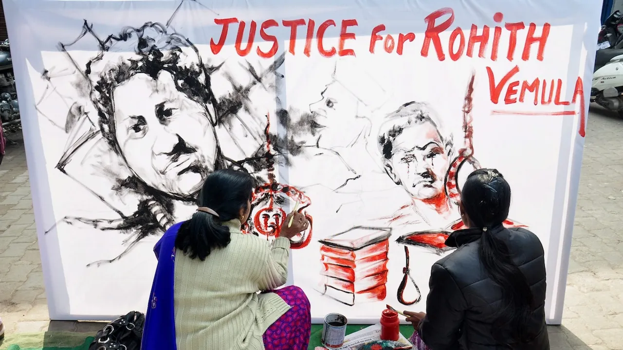 In this Jan. 22, 2016 file photo, artists from Moradabad pay tribute to former Hyderabad University research scholar Rohith Vemula, who died by suicide at the Hyderabad Central University