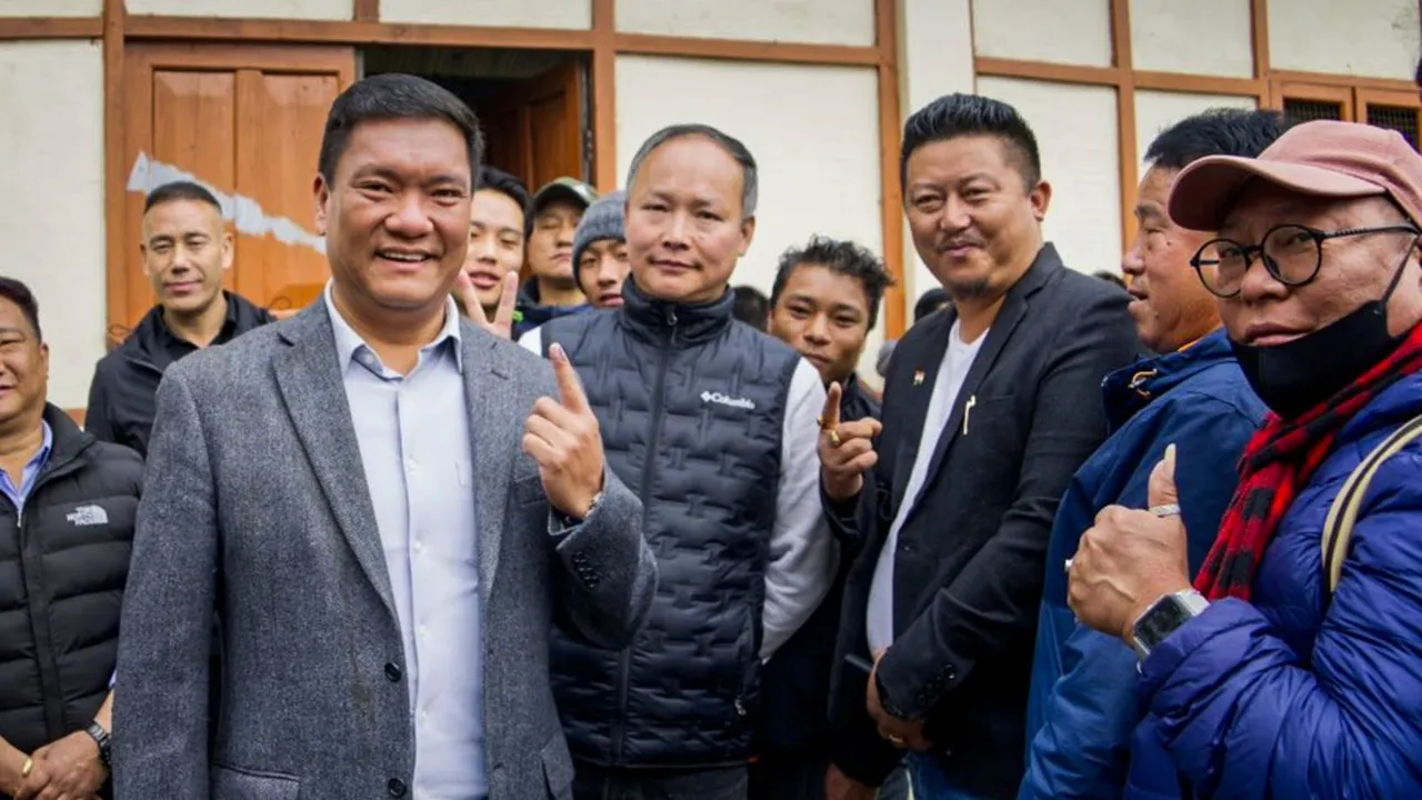 Arunachal Pradesh Chief Minister Pema Khandu shows his finger marked with indelible ink after casting his vote for the first phase of Lok Sabha elections, in Tawang district, Friday, April 19, 2024