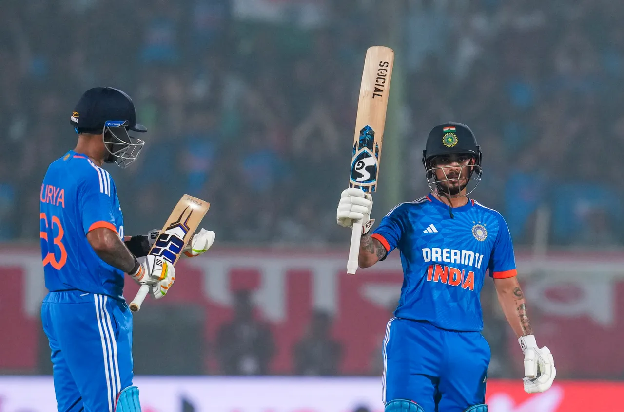 India's Ishan Kishan celebrates his half century with captain Suryakumar Yadav