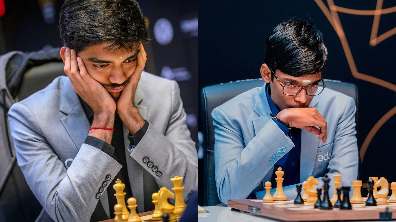 Indian Grandmasters D Gukesh and R Praggnanandhaa during their respective matches in Fide Candidates chess tournament