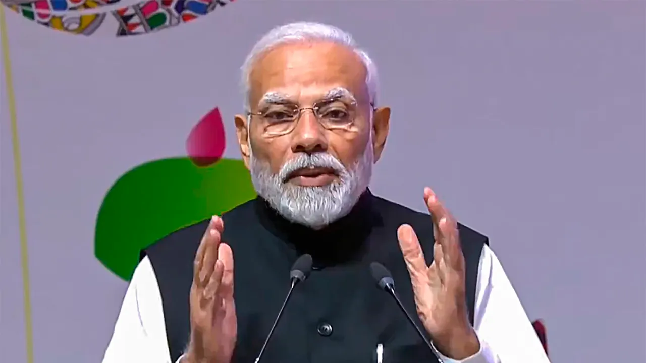 Prime Minister Narendra Modi addresses during the inauguration of the 9th G20 Parliamentary Speakers' Summit (P20), at Yashobhoomi Convention Centre in New Delhi