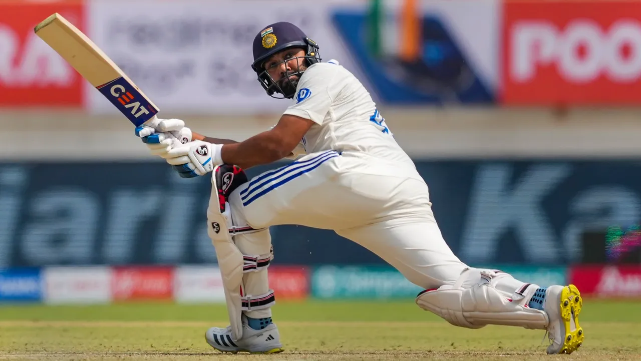 India's batter Rohit Sharma plays a shot on the first day of the third cricket test match between India and England