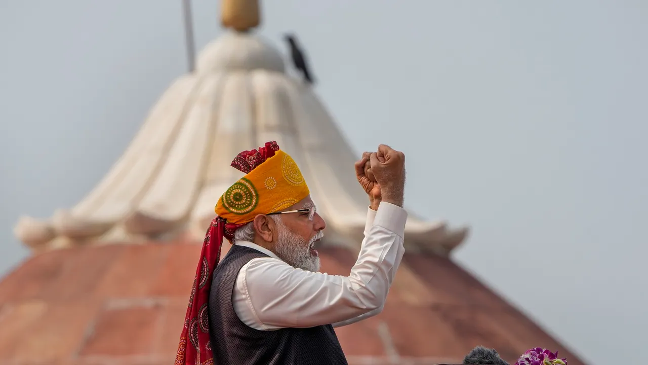 Prime Minister Narendra Modi reacts during his address to the nation from the historic Red Fort on the occasion of the 77th Independence Day, in New Delhi, Tuesday