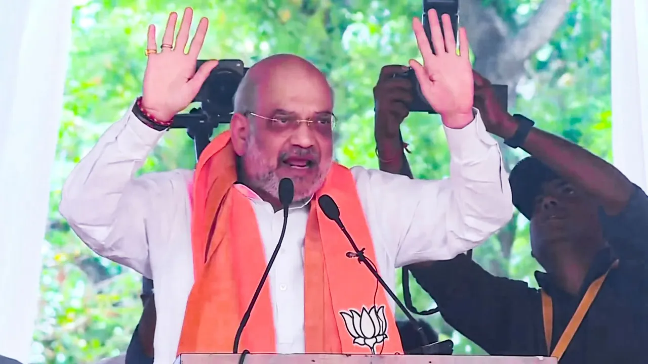 Union Home Minister Amit Shah addresses a public meeting ahead of the third phase of Lok Sabha elections, in Belagavi district, Friday, May 3, 2024