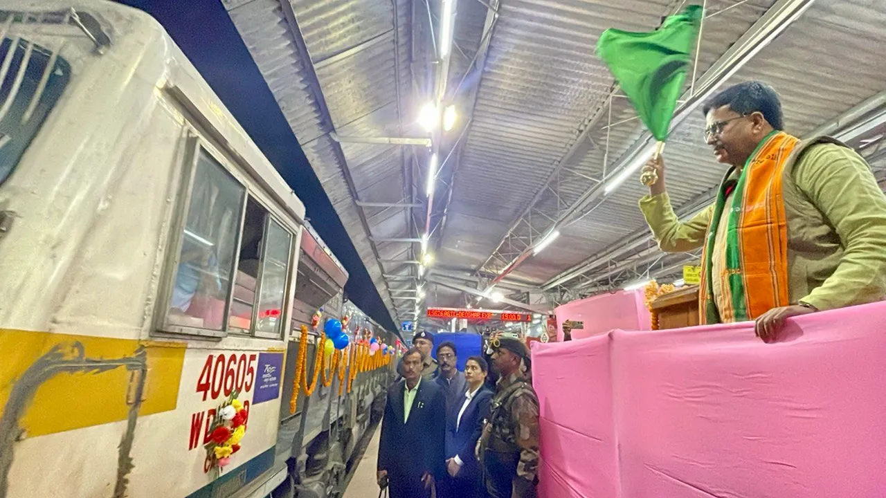 Tripura Chief Minister Manik Saha flags off the Agartala-Deogarh train, at the Agartala railway station