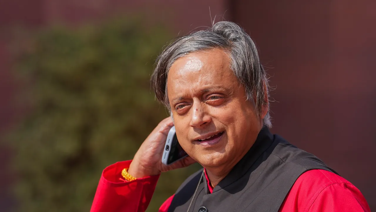 Congress MP Shashi Tharoor at the Parliament House complex during the Budget session, in New Delhi