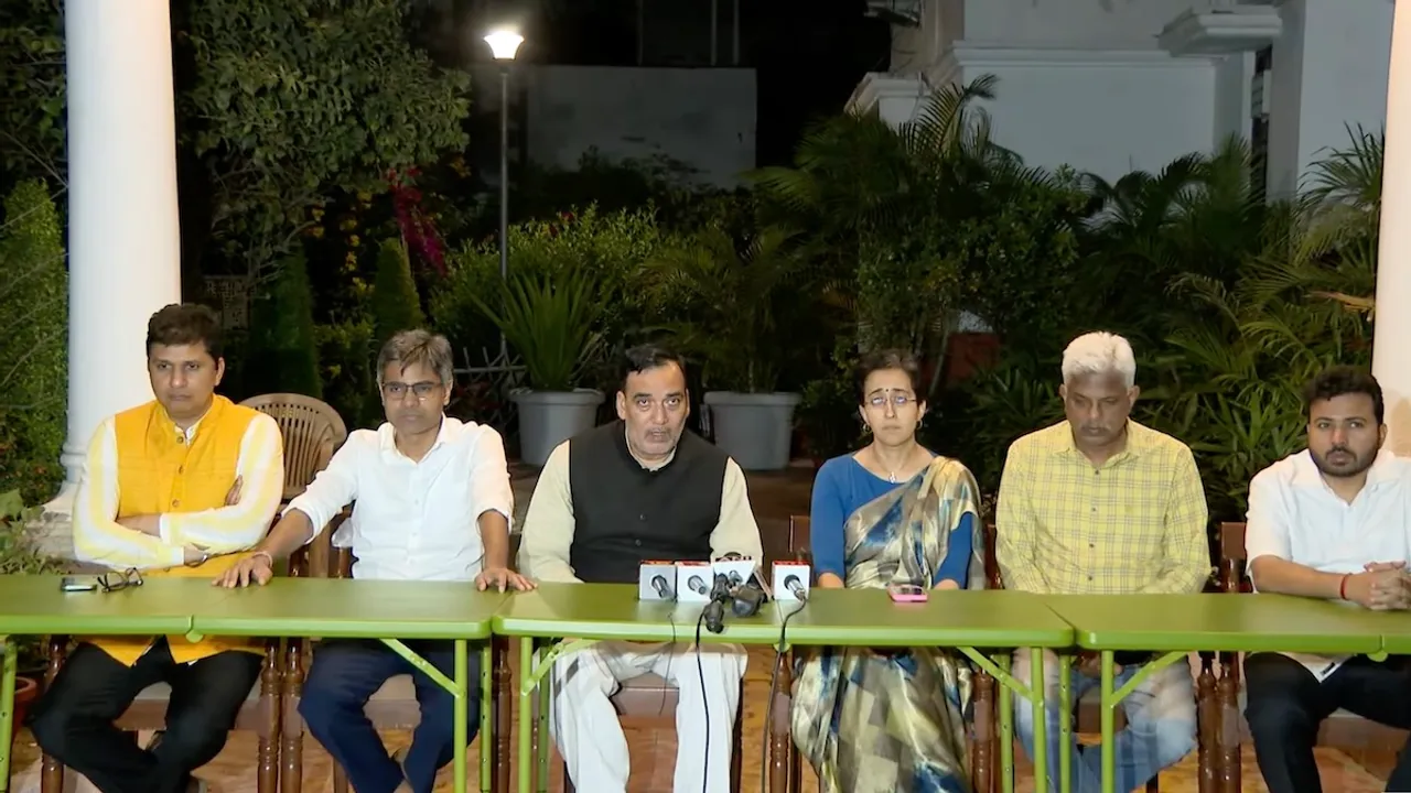 Gopal Rai, Atishi and Saurabh Bharadwaj with other AAP leaders at a press conference held after the arrest of Arvind Kejriwal