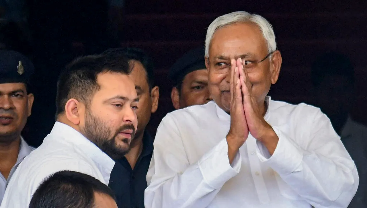 Bihar Chief Minister Nitish Kumar with Deputy Chief Minister Tejashwi Yadav arrives for the monsoon session of the Assembly, in Patna